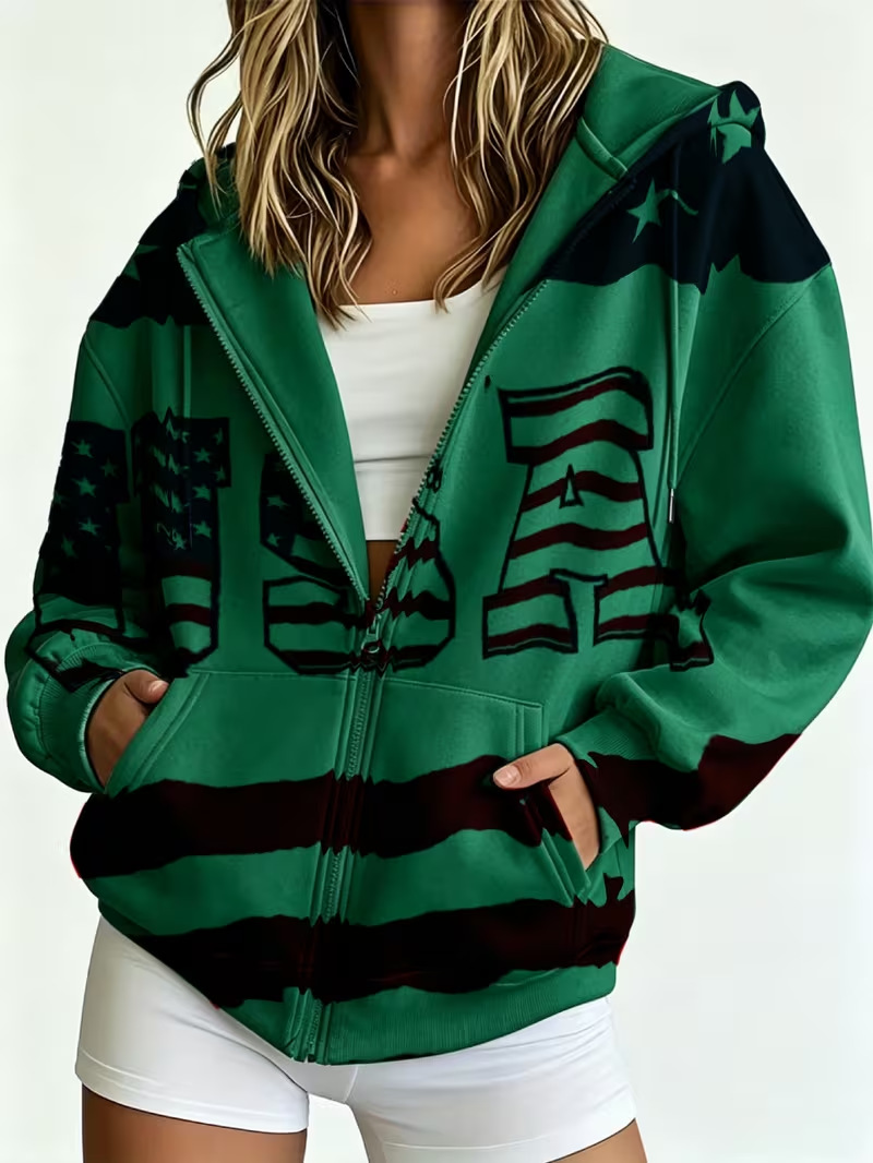 Women's Colorblock USA Flag Striped Zip-Up Hoodie