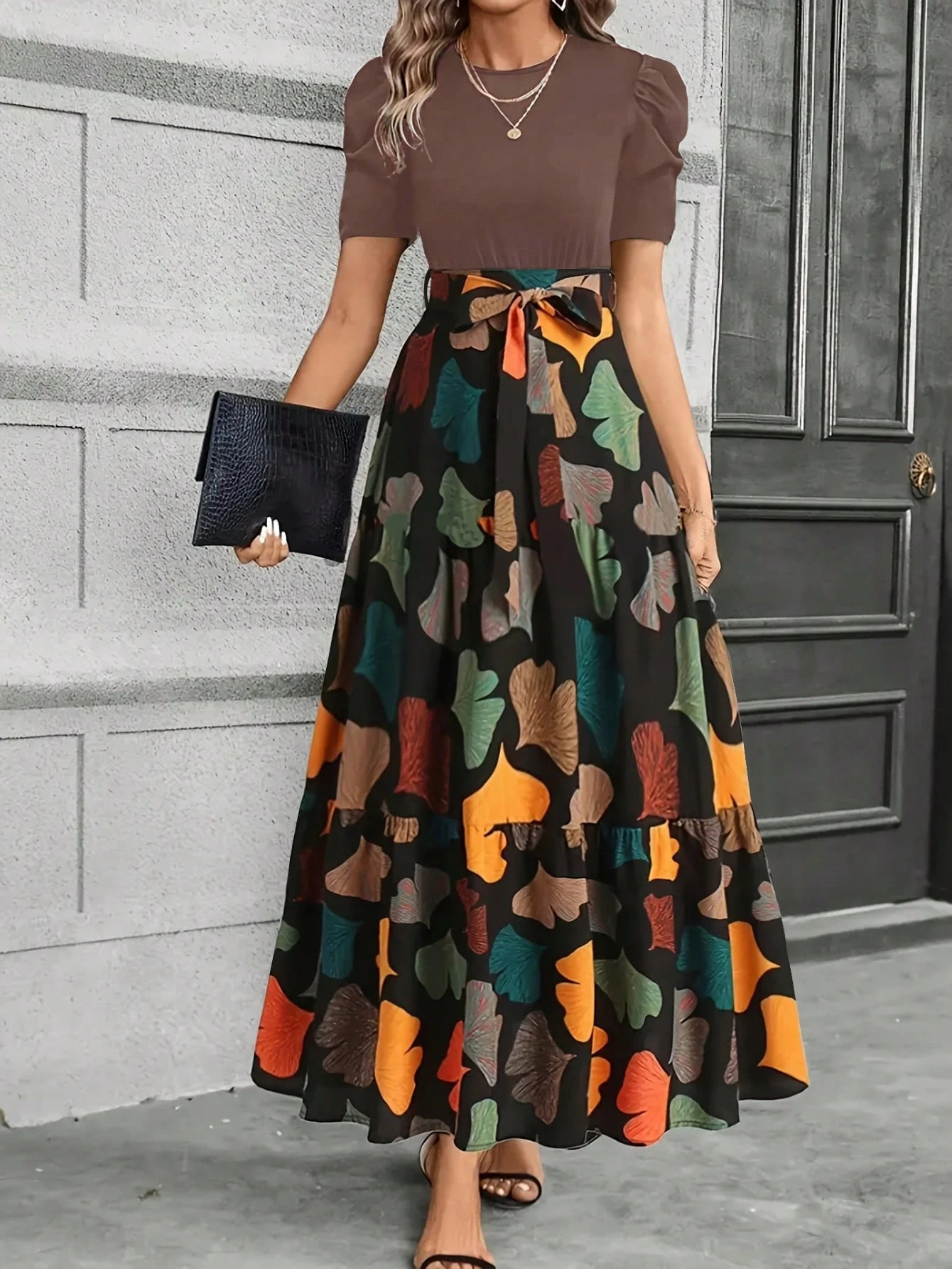Floral Print Round Neck Short Sleeve A-Line Maxi Dress