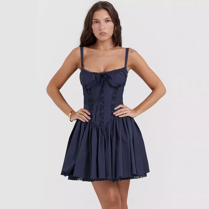 Women's Lace Panel Cinched Waist Cami Mini Dress
