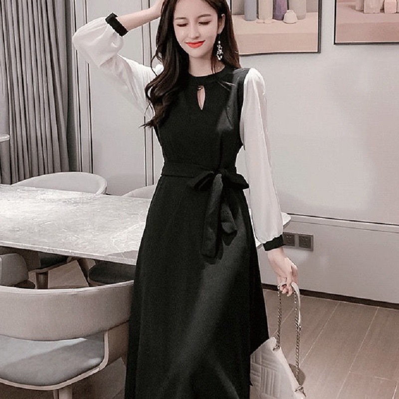 Women's Long Sleeve Little Black Dress A-Line Midi