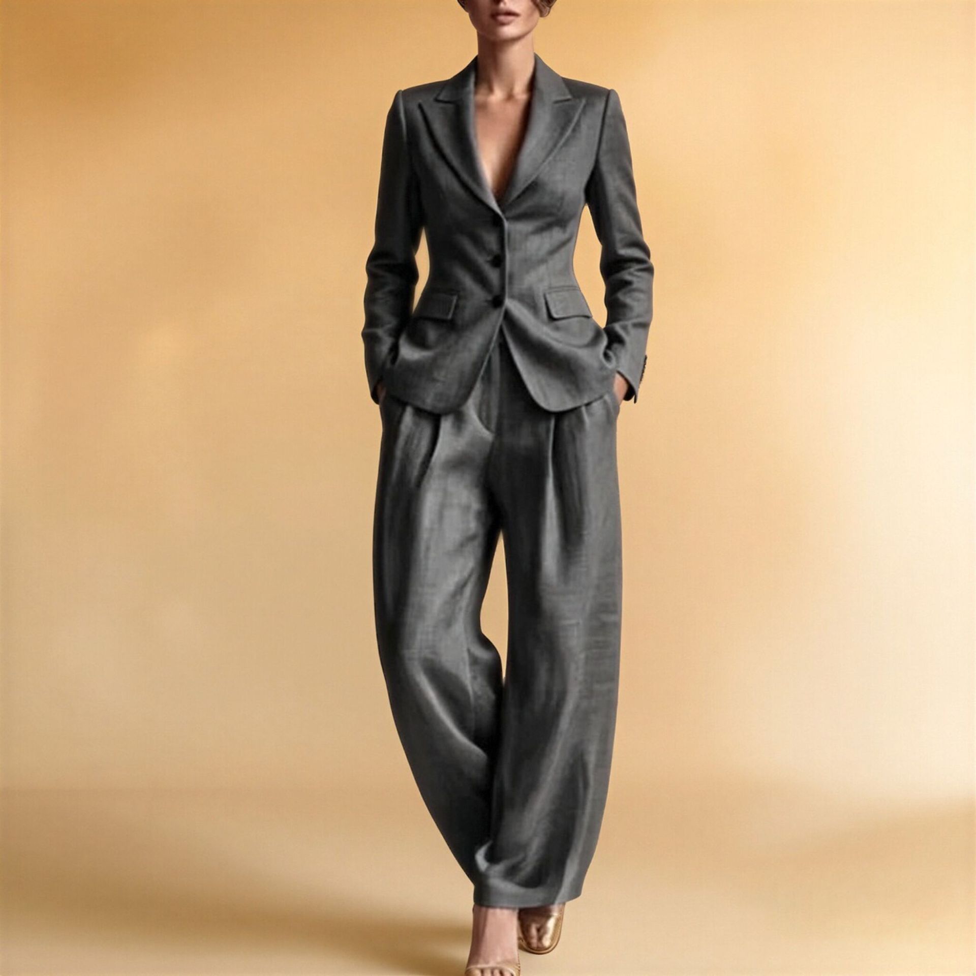 Women's Blazer-Collar Top and Wide-Leg Pants Set