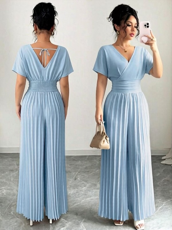 Elegant Solid V-Neck Pleated Waist-Defining Wide-Leg Jumpsuit
