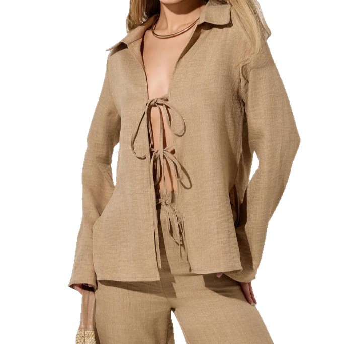 Women's Long Sleeve Tie-Front Cardigan Collared Top and Loose Pants Casual Two-Piece Set