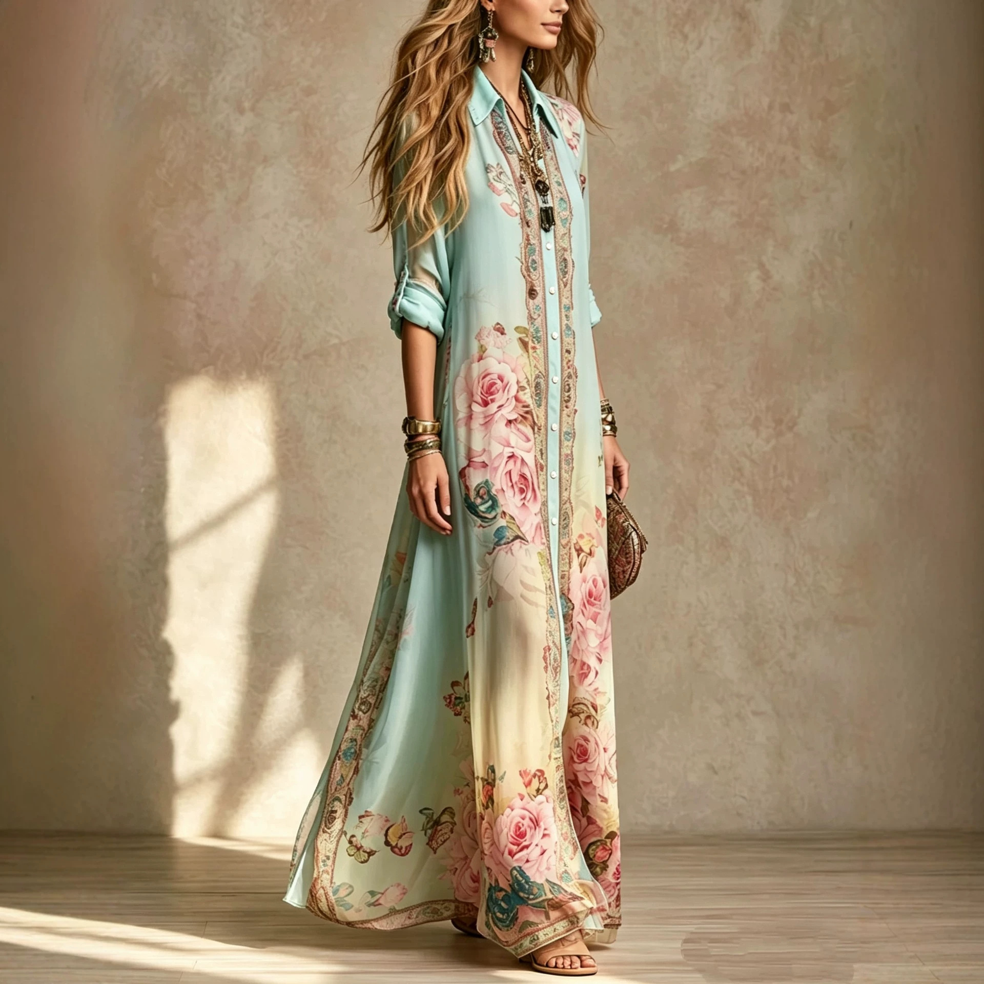 Women's Vintage Geometric Print A-Line Long Sleeve Dress with Embroidered Collar