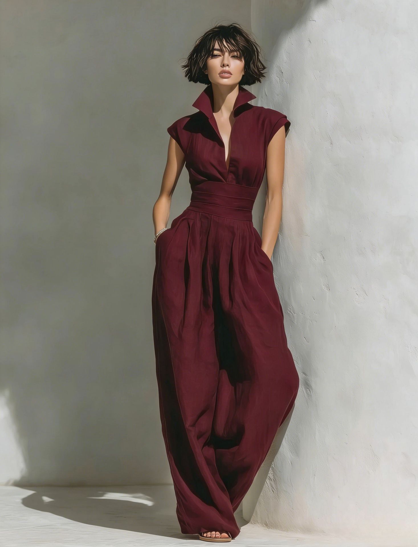 Women's Sleeveless V-Neck Solid Midi Dress with Waist