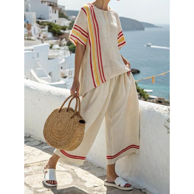 Bohemian Print Crewneck Short Sleeve Top and Pants Casual Set