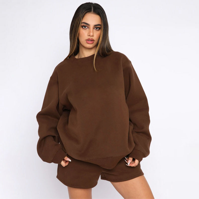 Women's Solid Crewneck Long-Sleeve Pullover Sweatshirt and Shorts Set