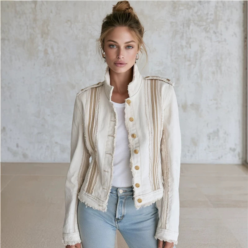 Casual Vintage Frayed Off-White Denim Jacket