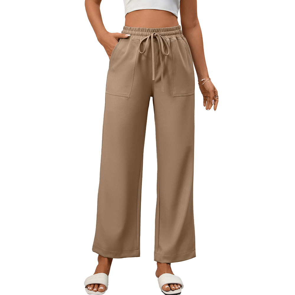 Women's Drawstring Wide-Leg Pants with Pockets Casual Cotton Blend