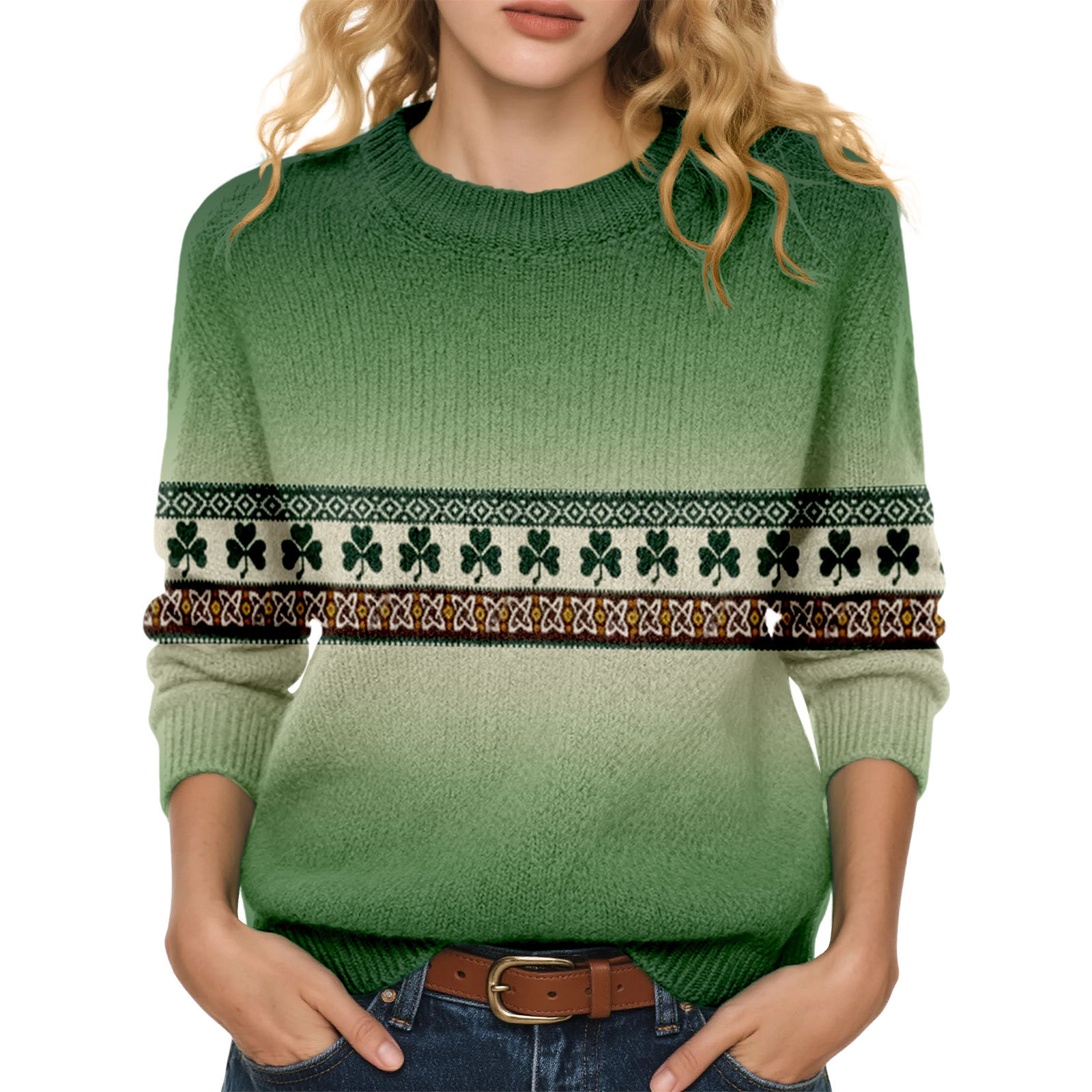 Lucky Clover Print Crewneck Sweatshirt for Women Casual Pullover