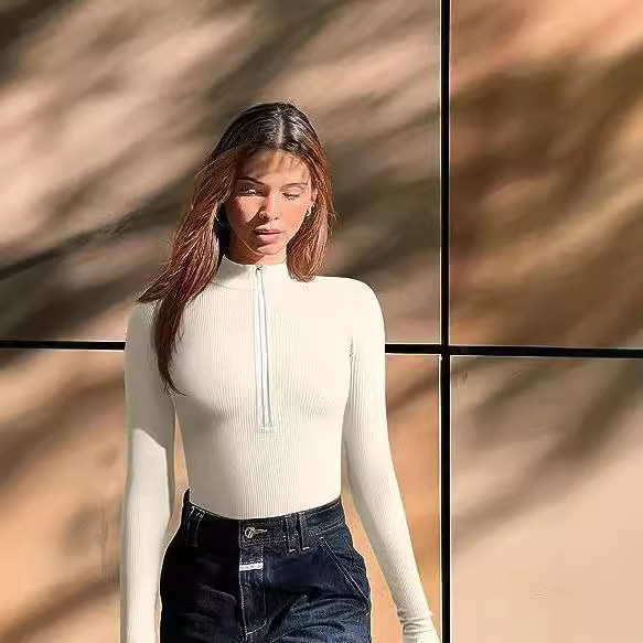 Women's Ribbed Long Sleeve Front Zip Bodysuit