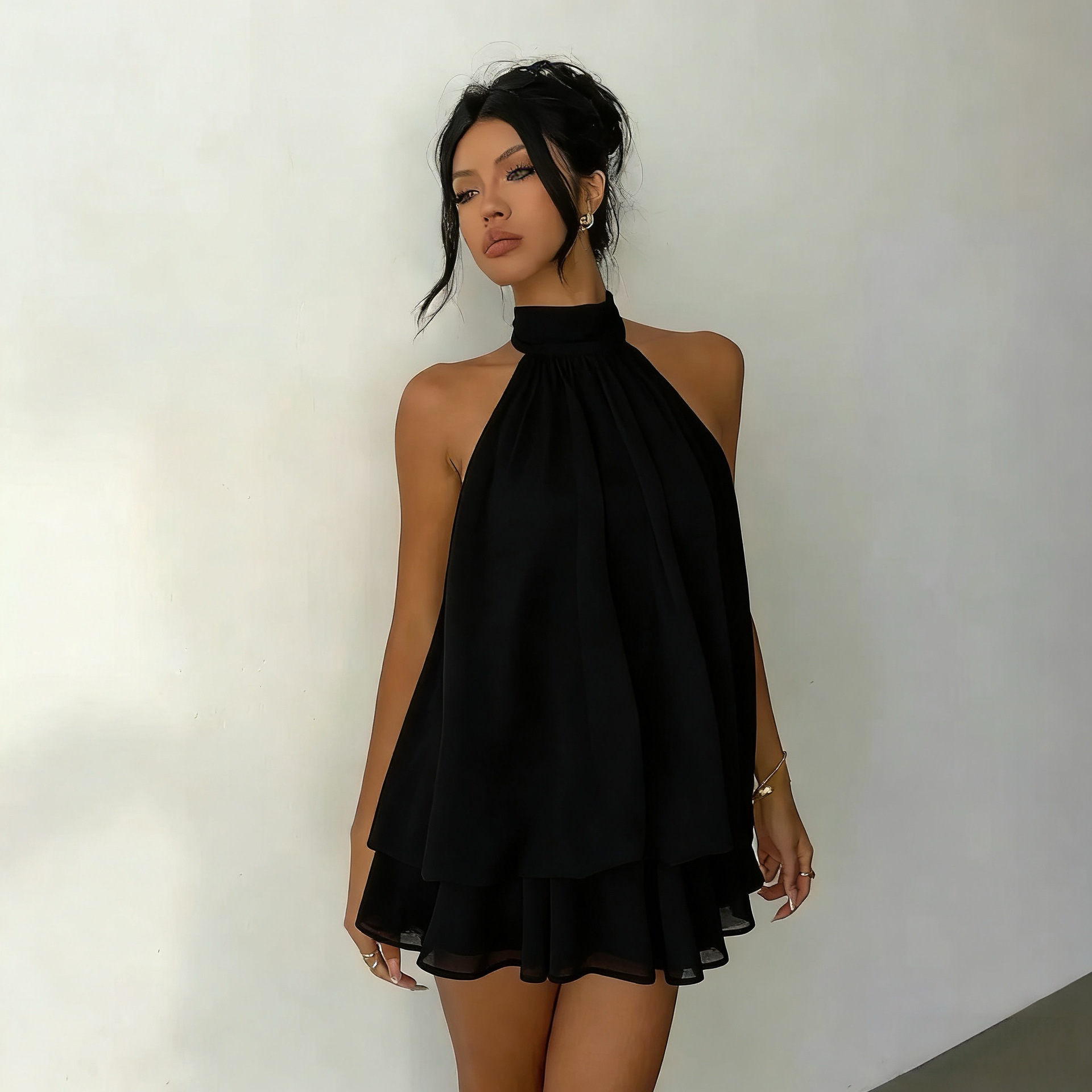 Solid Color Halter Neck Open Back Fitted Top Puff Skirt Dress
