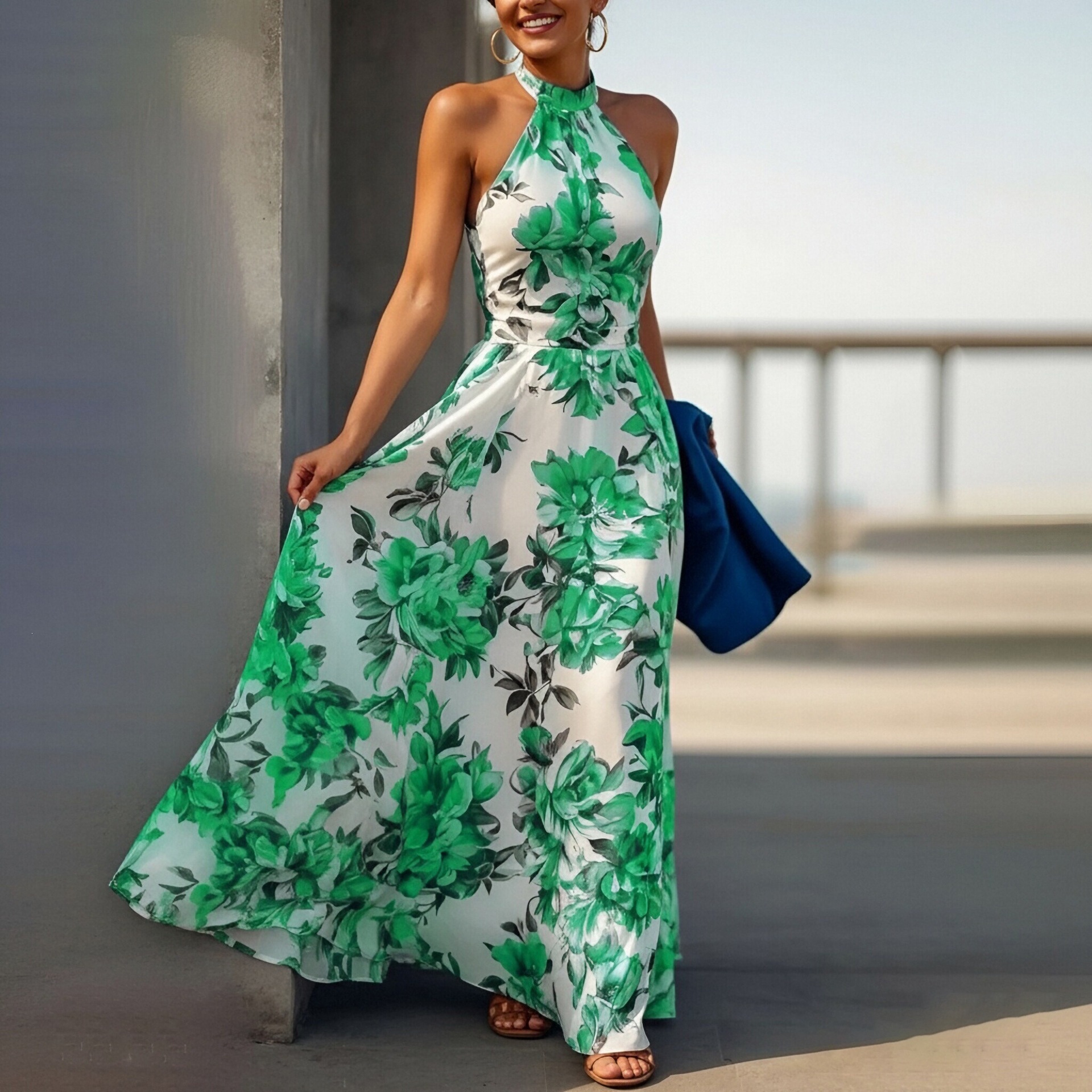 Elegant Halter Neck Sleeveless Printed A-Line Midi Dress