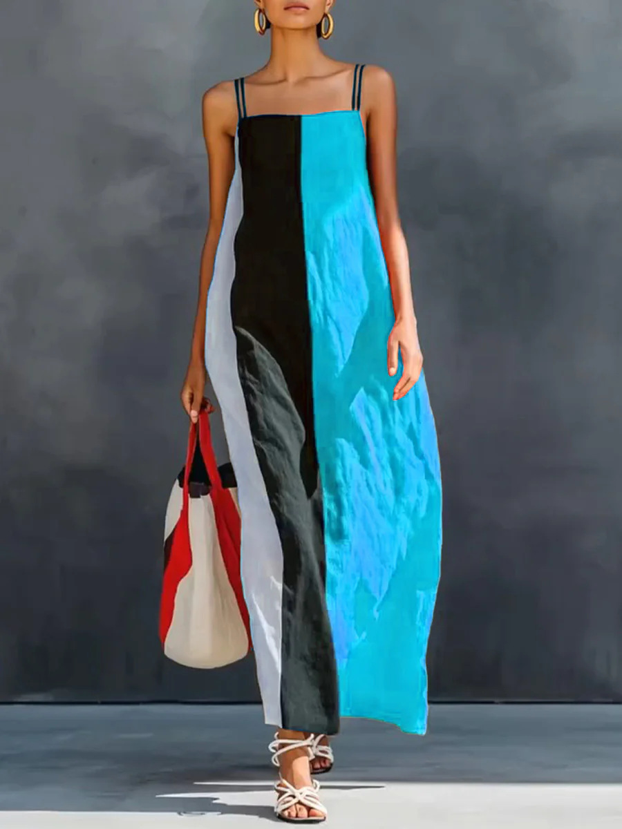 Women's Sleeveless Spaghetti Strap Dress Casual Vacation Color Block Long Dress