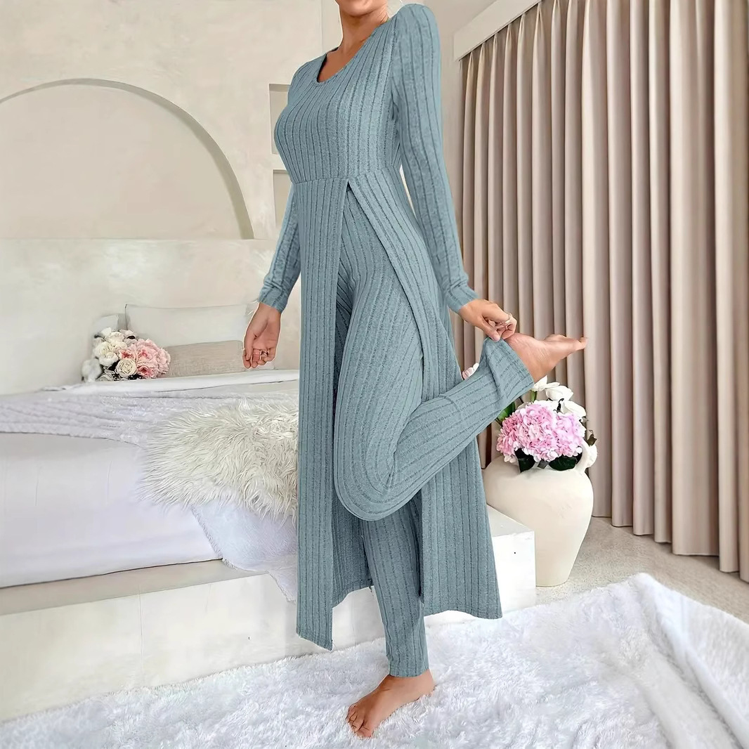 Women's Two-Piece Set with Split Hem Long Sleeve Top