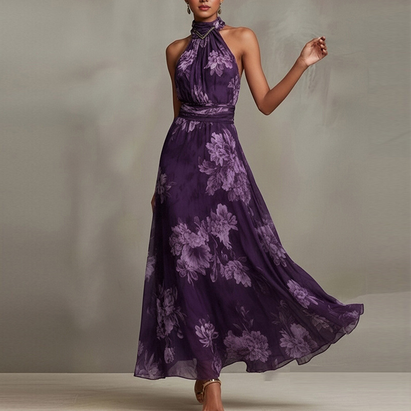 Elegant Floral Print Halter Sleeveless Bodycon Midi Dress