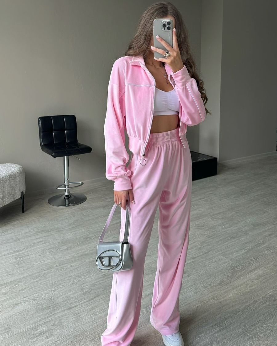 Women's Striped Two-Piece Set Long Sleeve Zip Cardigan & Elastic Wide-Leg Pants