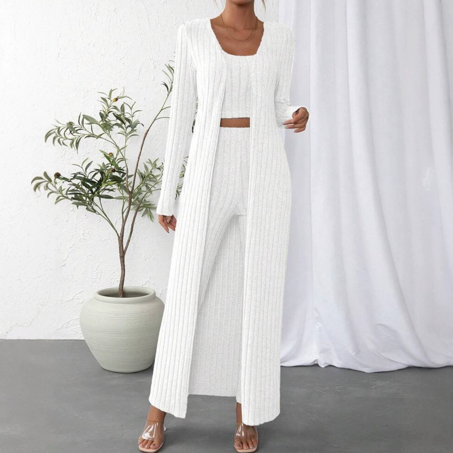 Minimalist Solid Knit 3-Piece Lounge Set with Cardigan