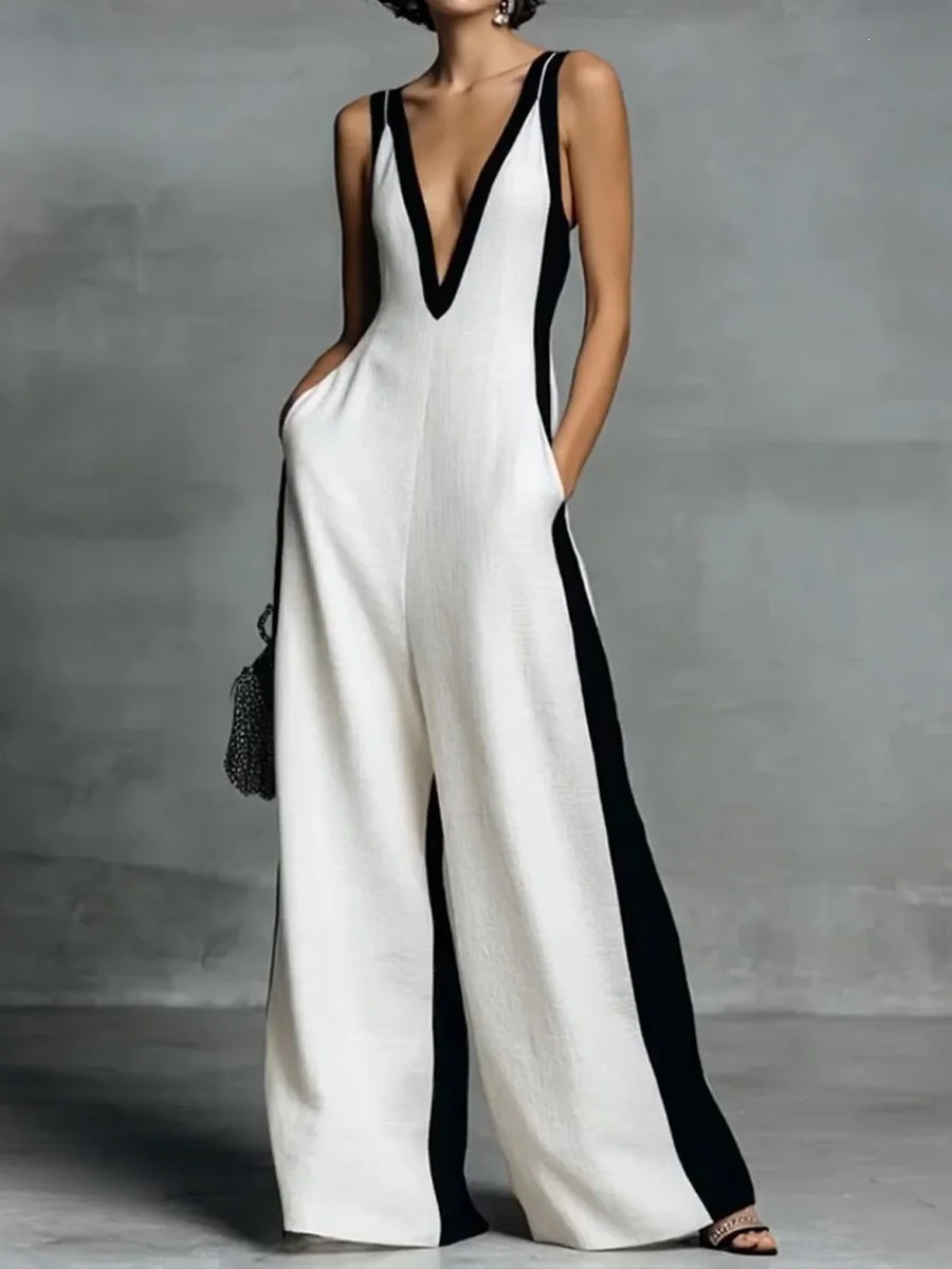 Deep V-Neck Colorblock Wide-Leg Jumpsuit