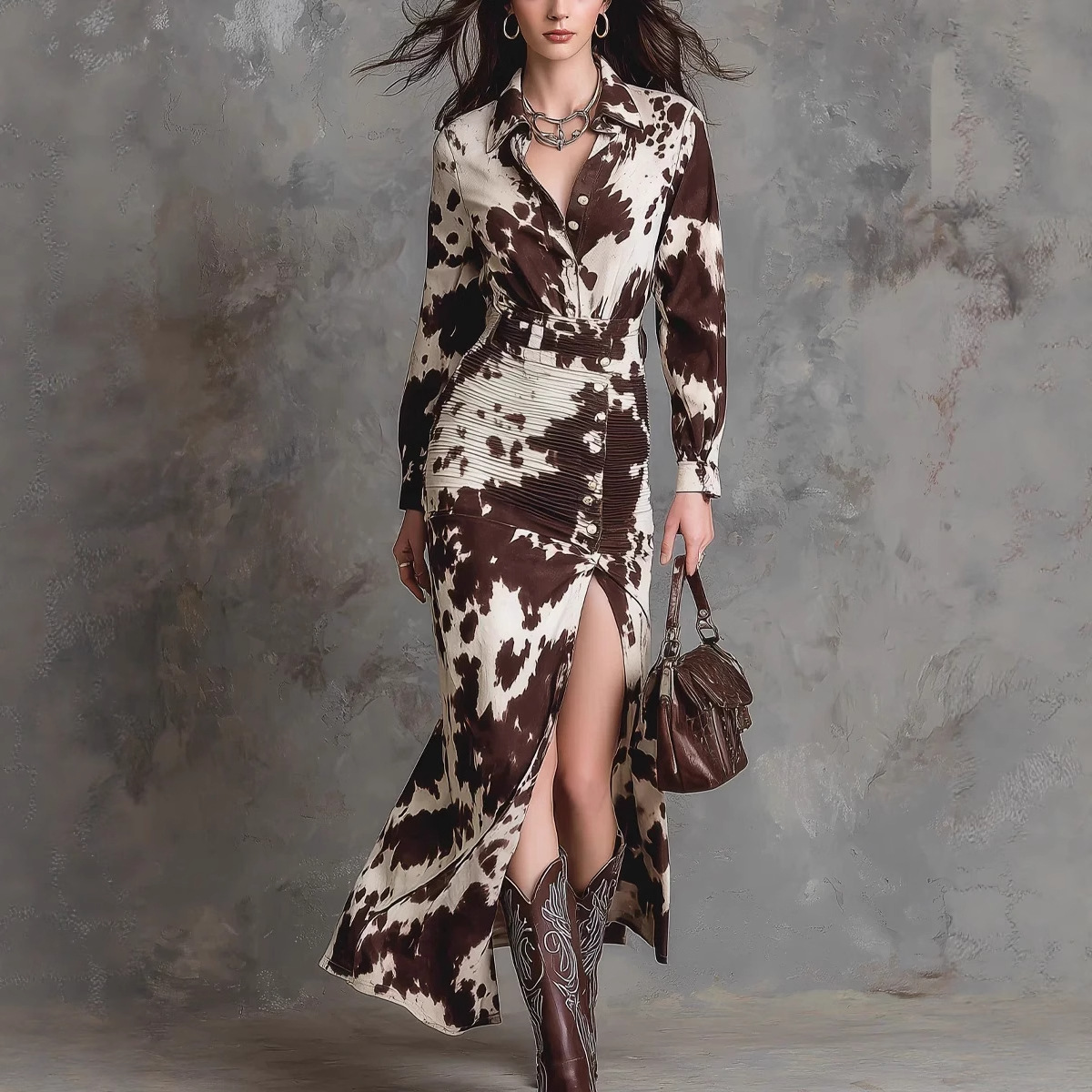Digital Print Button-Front Shirt Dress Long Sleeve Asymmetric Hem