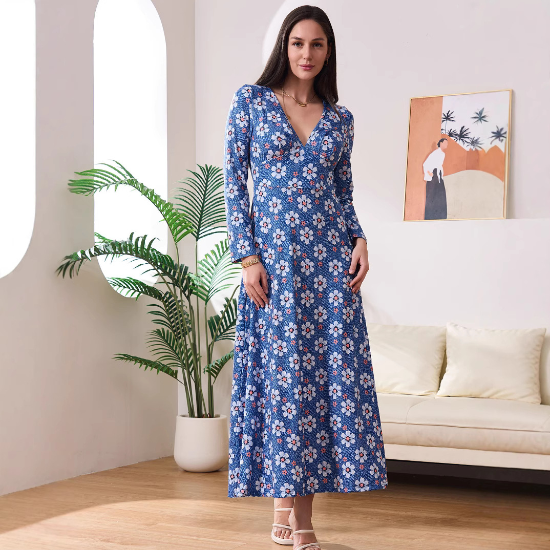Women's Digital Floral Print Deep V-Neck Long Sleeve A-Line Maxi Dress