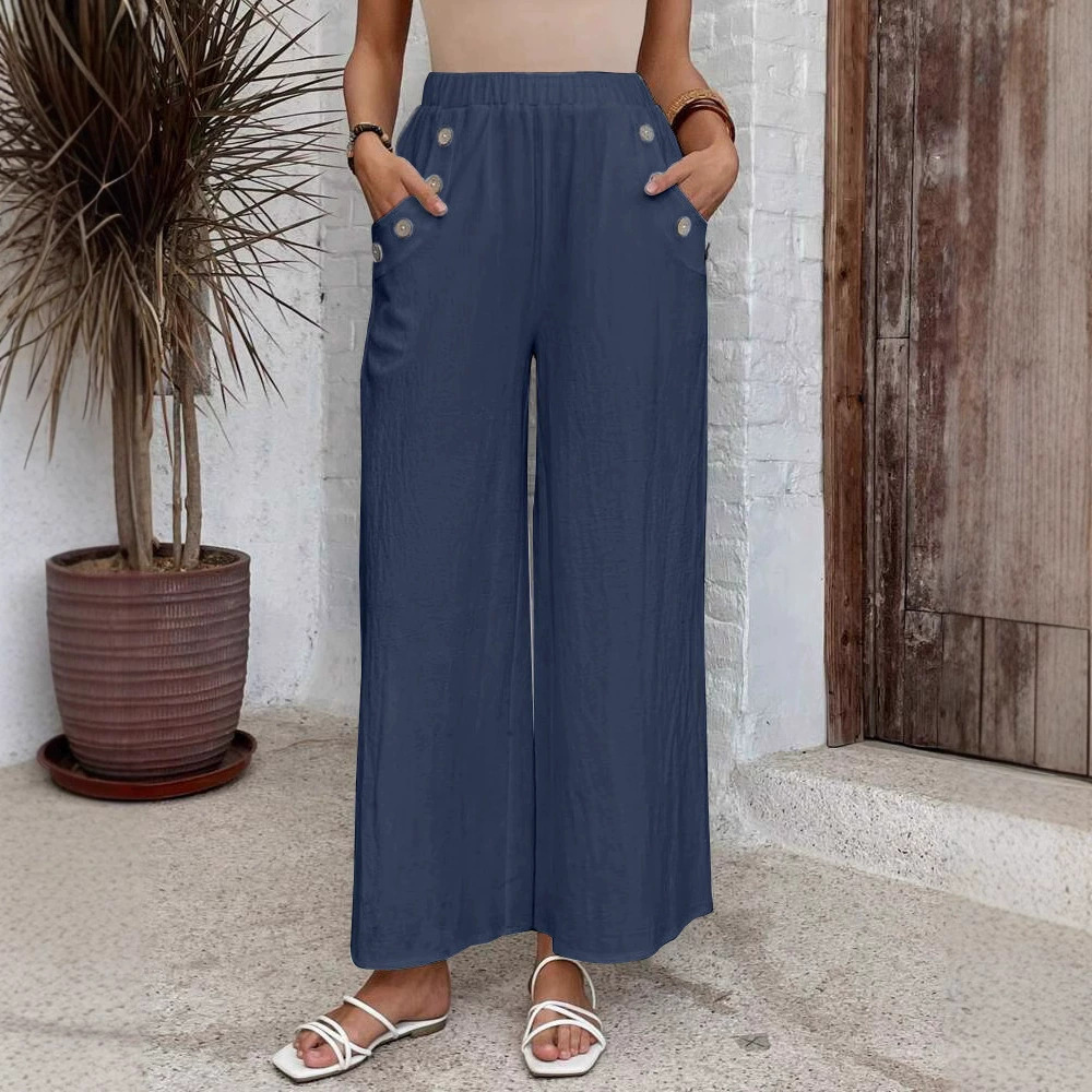 Women's High-Waist Cropped Straight-Leg Pants with Button and Pockets