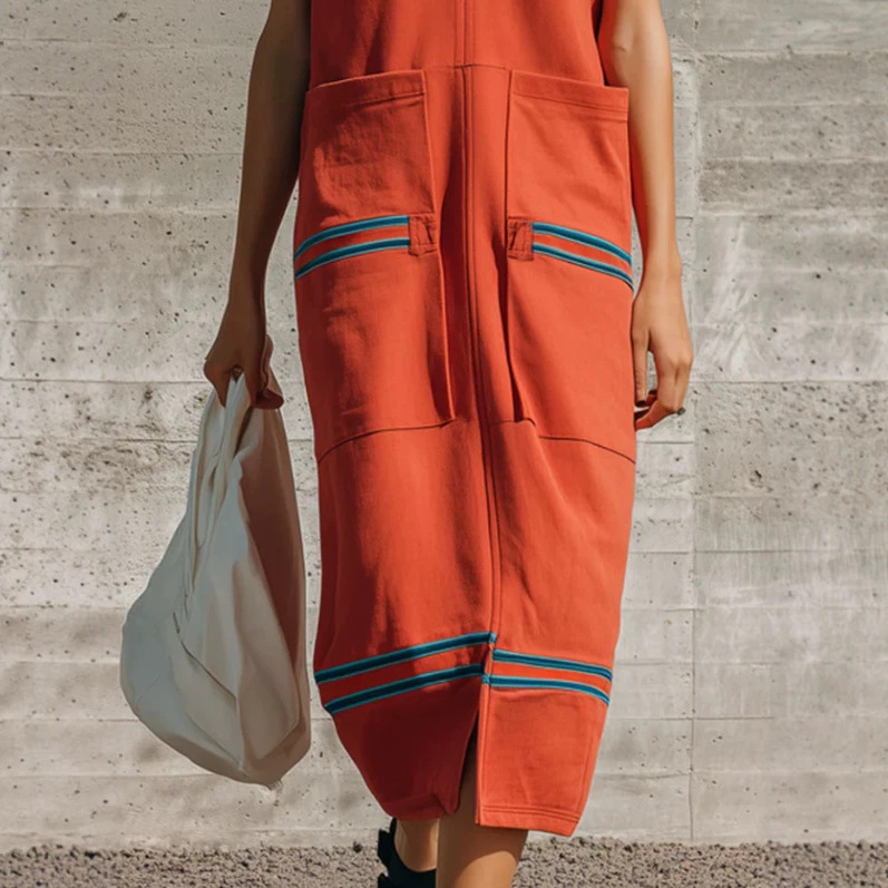 Retro Striped Orange Half-Zip Sleeveless Long Dress