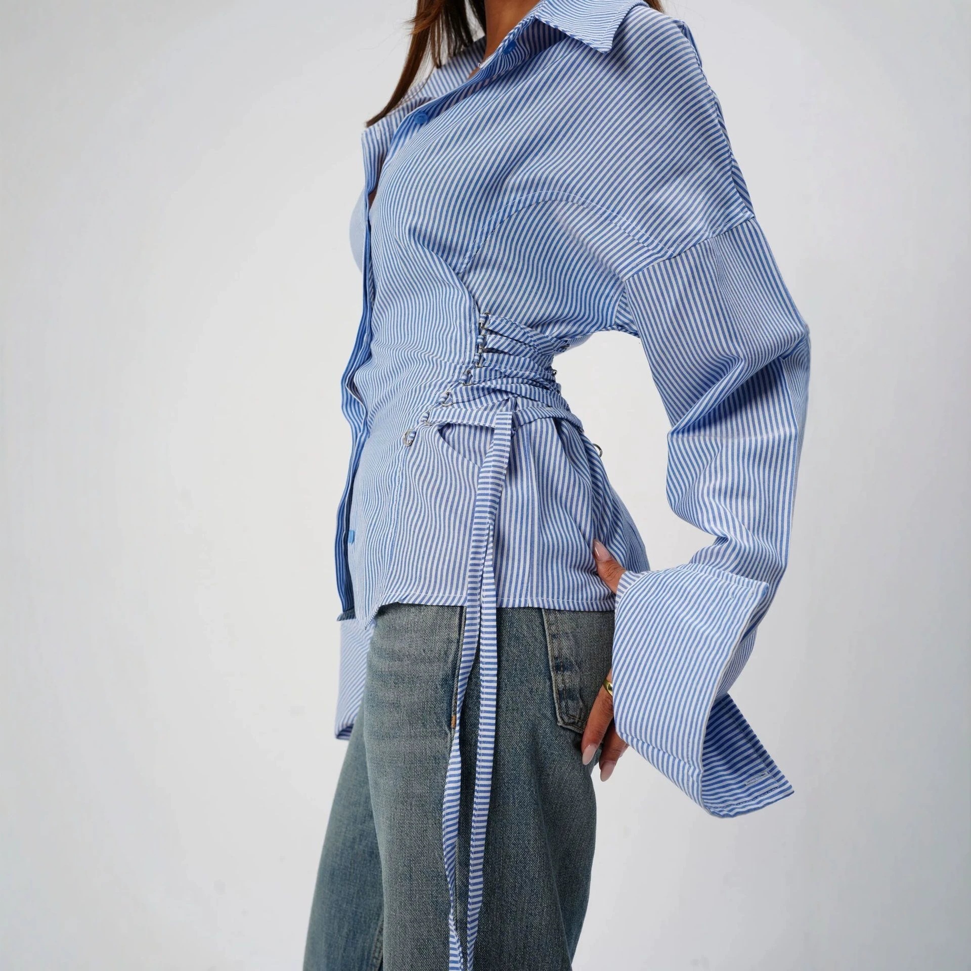 Women's Spring Summer Casual Button-Up Shirt with Side Waist Tie
