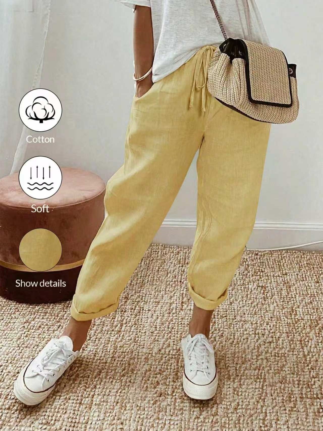 Women's Cotton Linen Cropped Pants with Pockets and Elastic Waist, Loose Casual