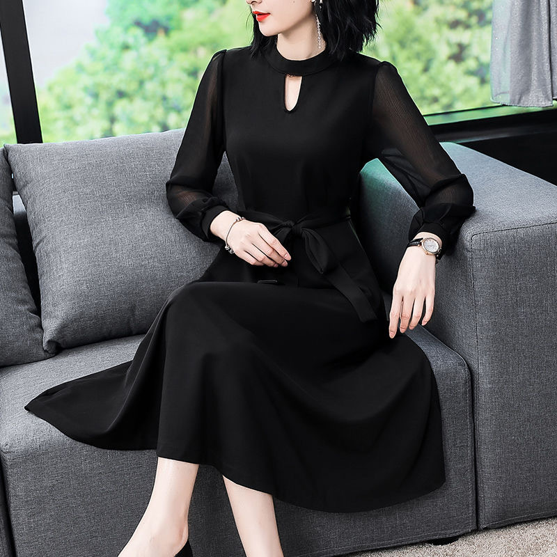 Long Sleeve Slim Fit Black A-Line Midi Dress