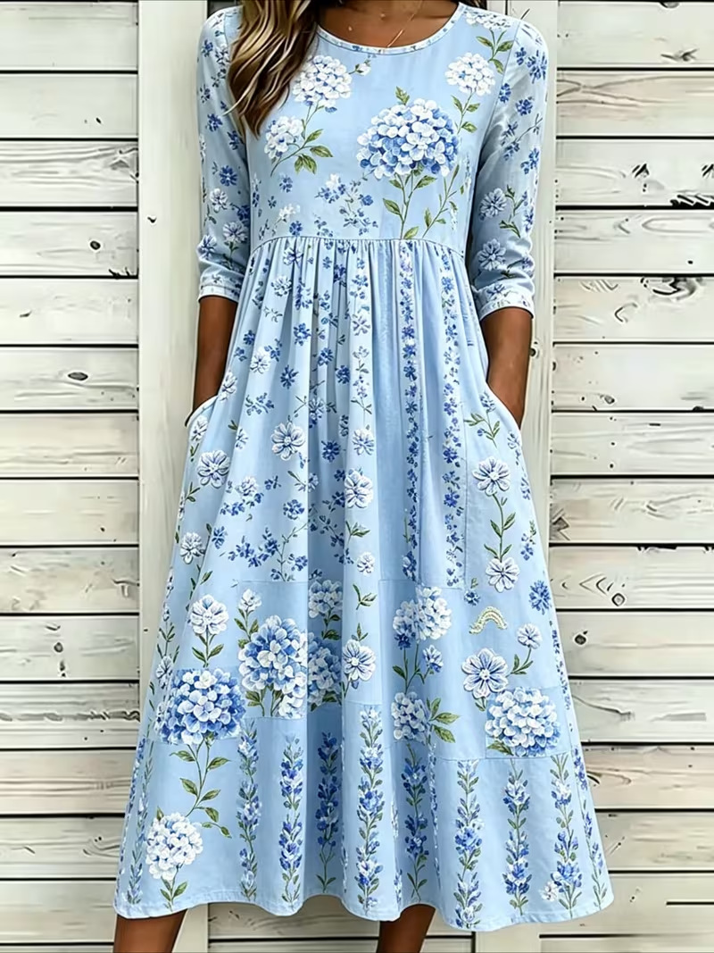 Women's Fresh Floral Print Ruched Midi Dress