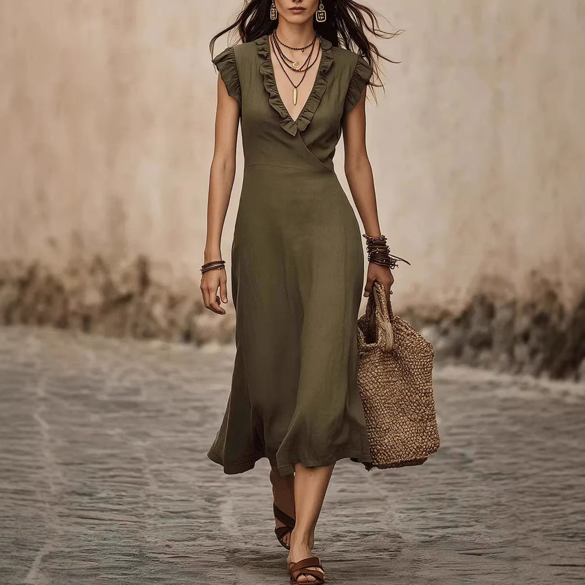 Women's French V-Neck Cotton-Linen Flutter Sleeve Ruffle Midi Dress