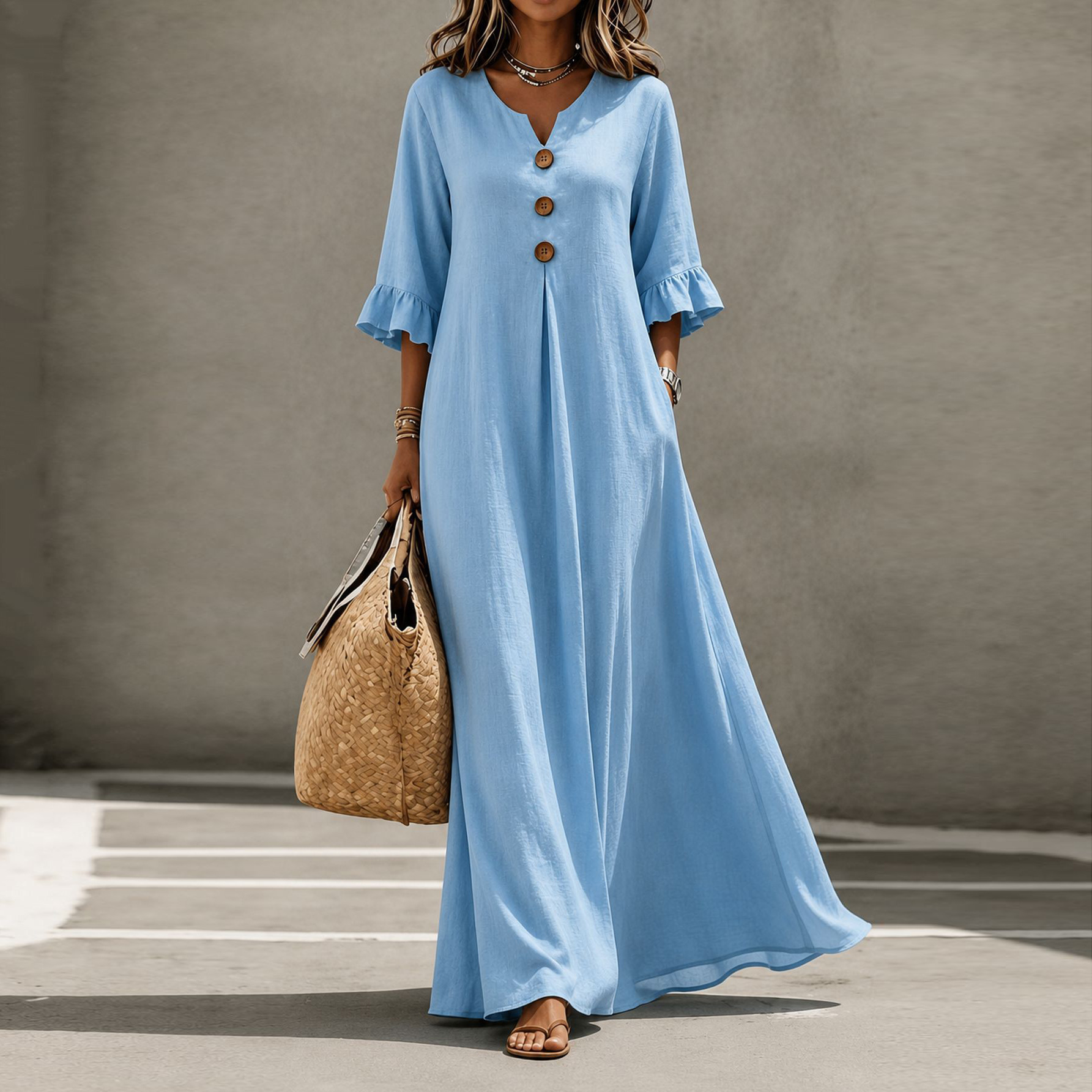 V-Neck Button Bubble Sleeve Loose Long Dress