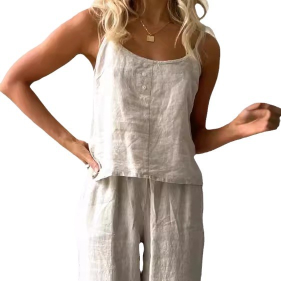 Cotton Linen Sleeveless Cami & Long Pants Two-Piece Set