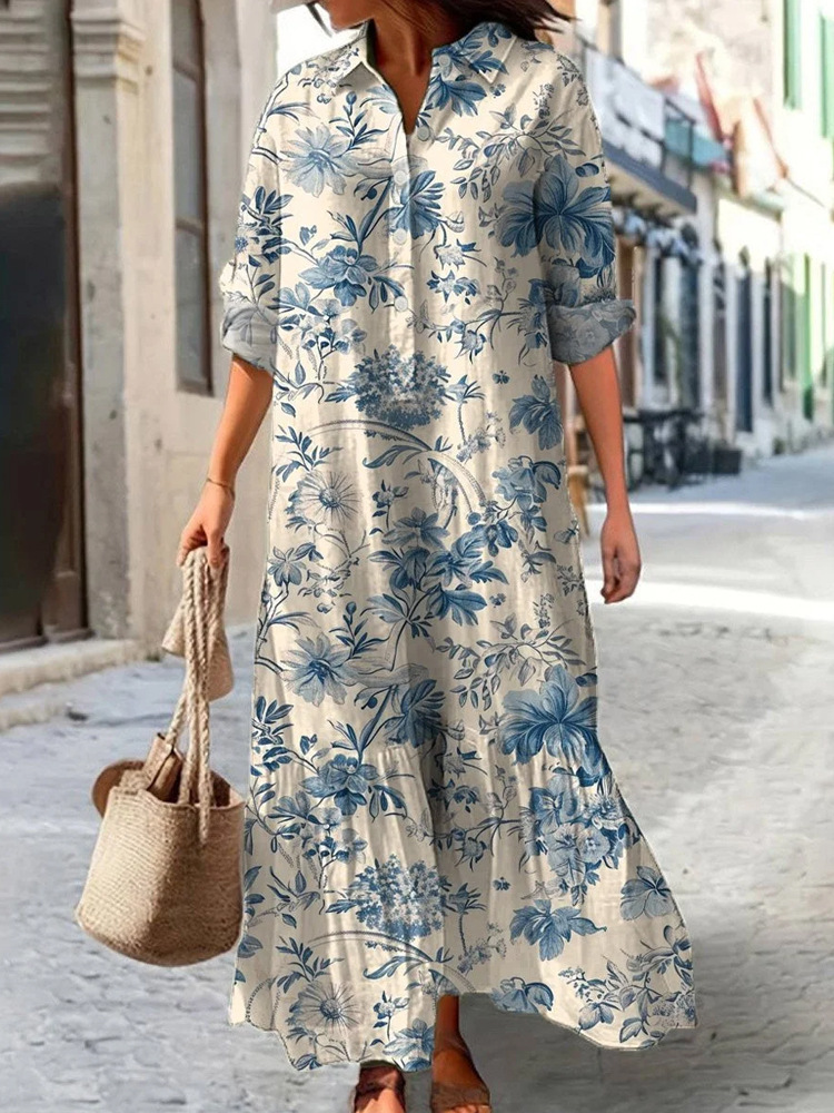 Women's Casual Long Sleeve Collared Digital Print Shirt Dress