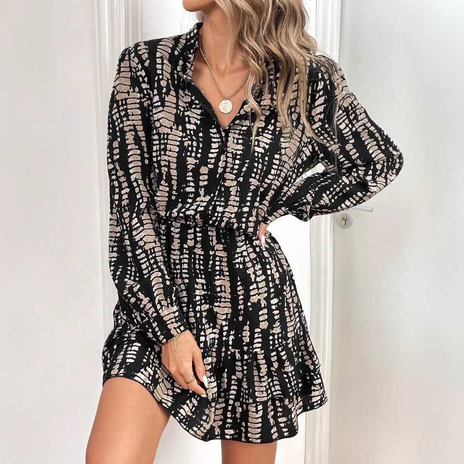 Women's Slim Fit Long Sleeve V-Neck Ruffle Dress