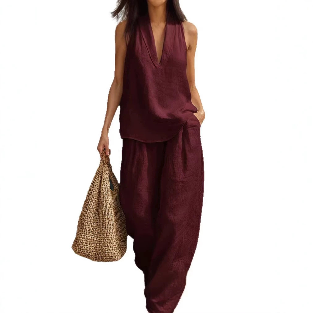 Women's Halter V-Neck Two-Piece Pant Set Casual Loose Fit