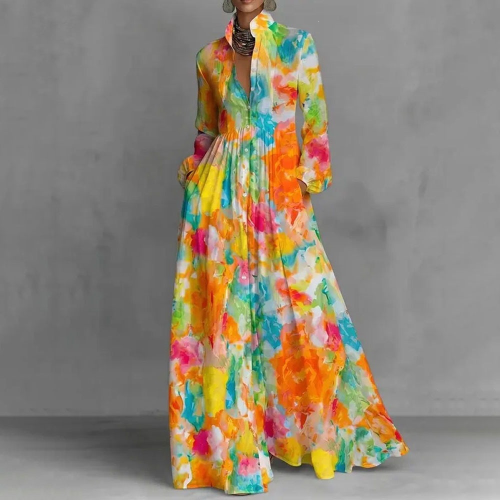 French Style Printed Long Dress with Collar, Loose Casual Vacation Dress