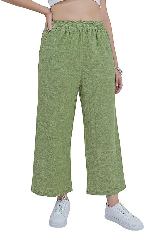 Women's Cotton-Linen Wide-Leg Capri Pants High-Waist Loose Casual