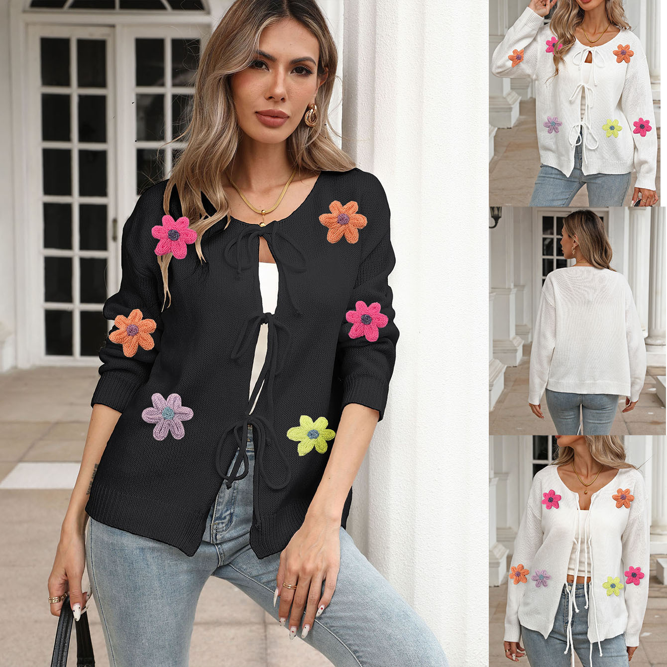 Women's Tie-Front Bow Wool Embroidered Floral Cardigan Sweater