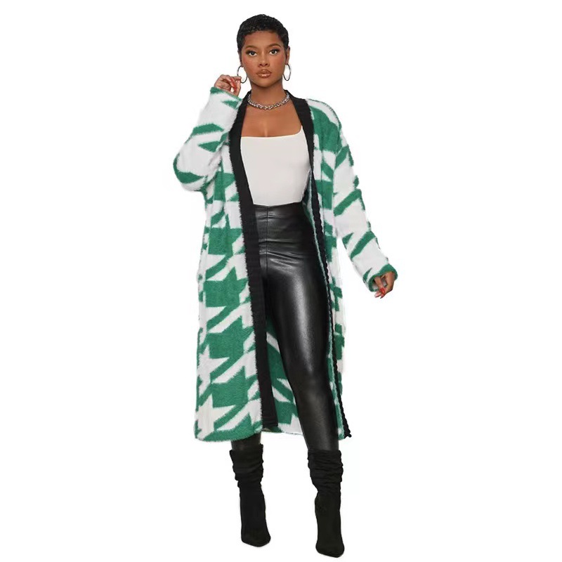 Geometric Houndstooth Knit Cardigan Faux Mink Long Sleeve