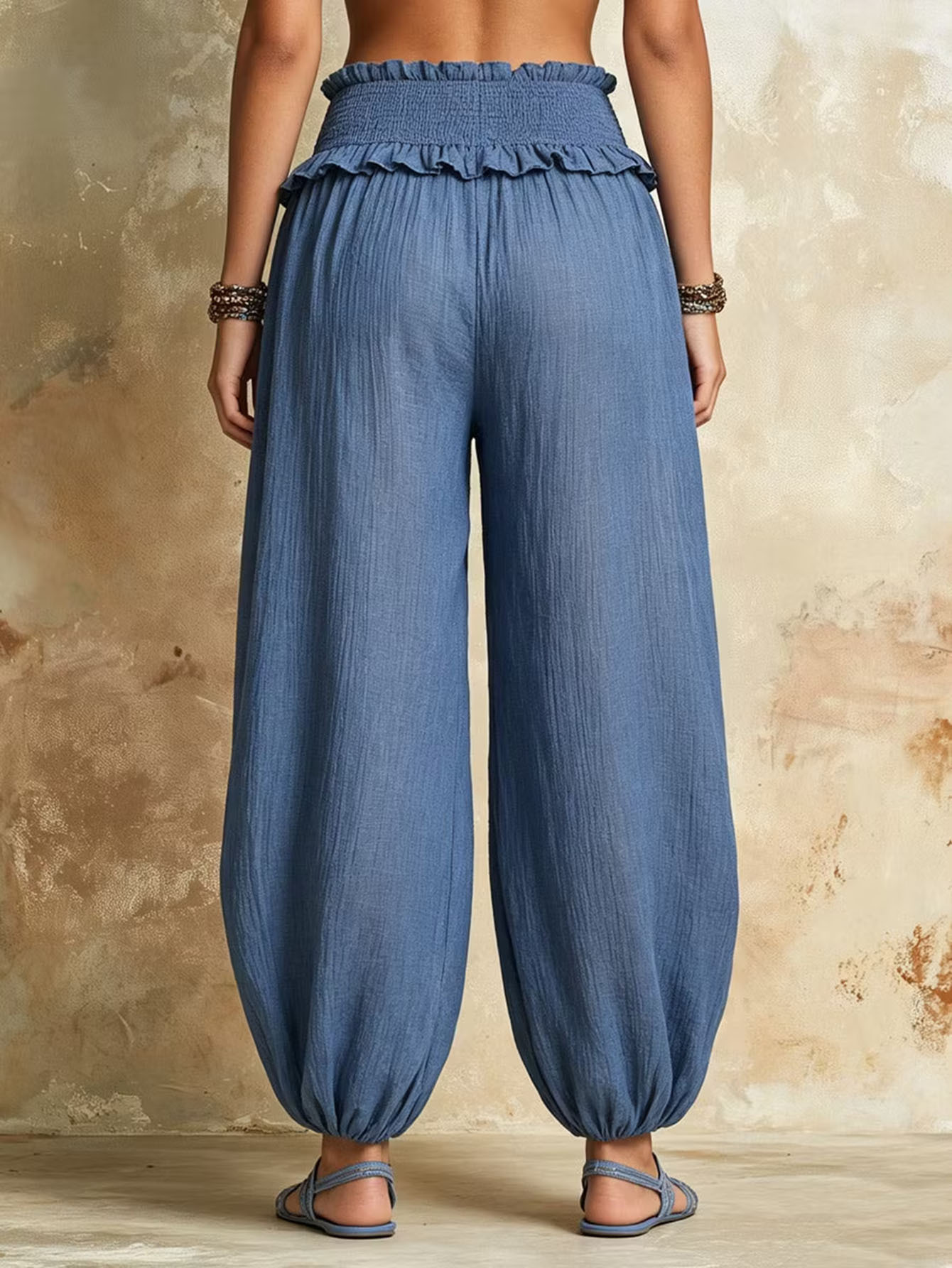 High-Waist Wide-Leg Ruffle Trim Pants for Women, Loose Flowing Floor-Length