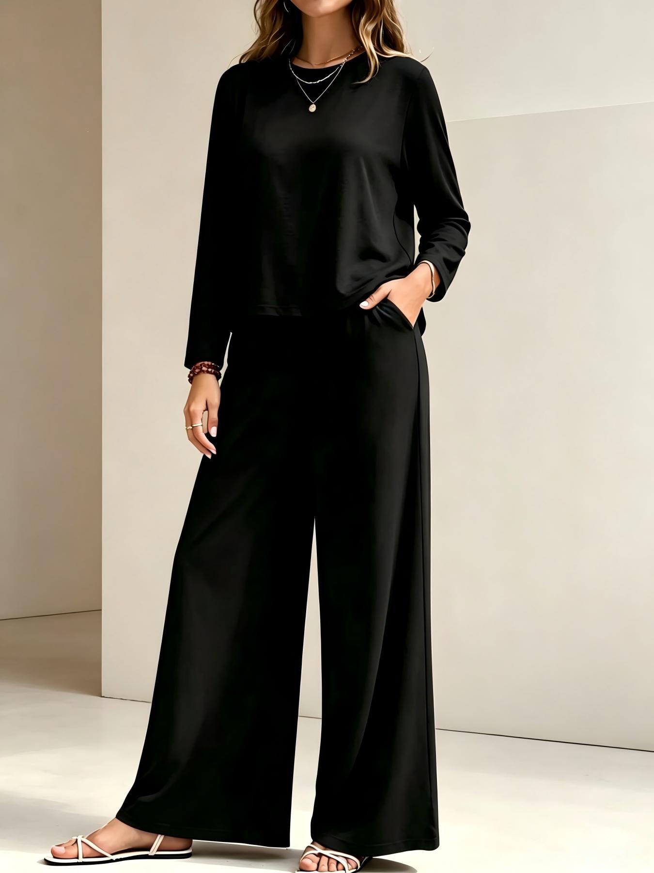 Women's Crewneck Long Sleeve High Waist Wide Leg Pants Casual Set