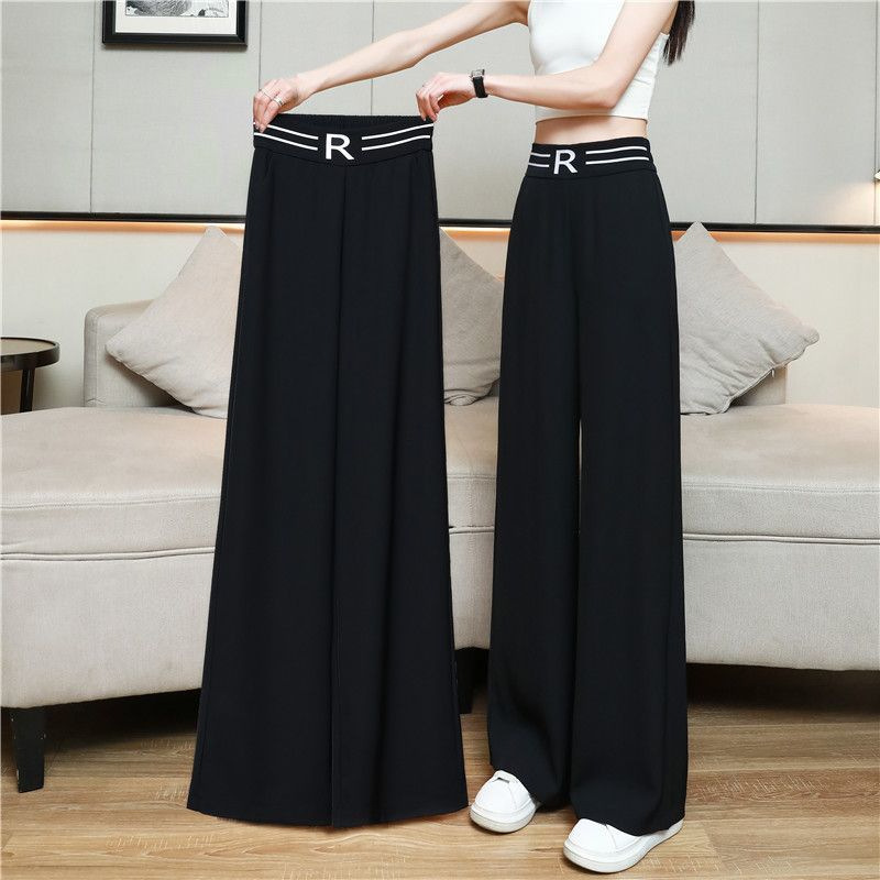 Black High-Waist Wide-Leg Suit Pants for Women, Drapey Lightweight Straight-Leg Casual Trousers