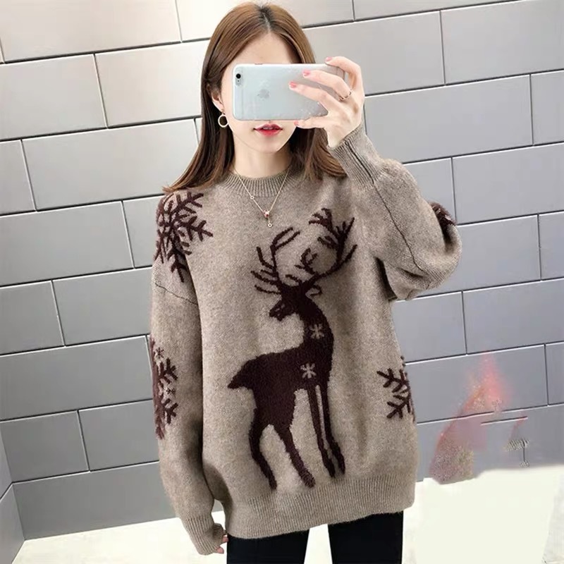 Christmas Reindeer Knit Sweater Women's Thick Loose Pullover