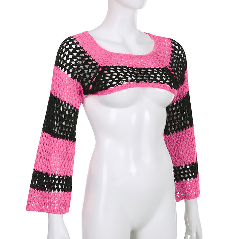 Women's Striped Colorblock Hollow-Out Short Knit Top
