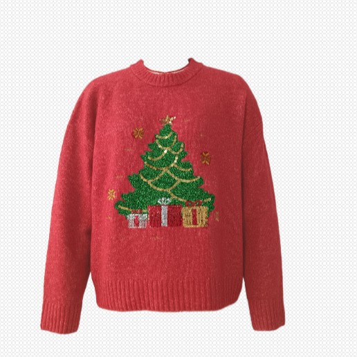 Red Crewneck Pullover Sweater with Christmas Tree Sequin Embroidery