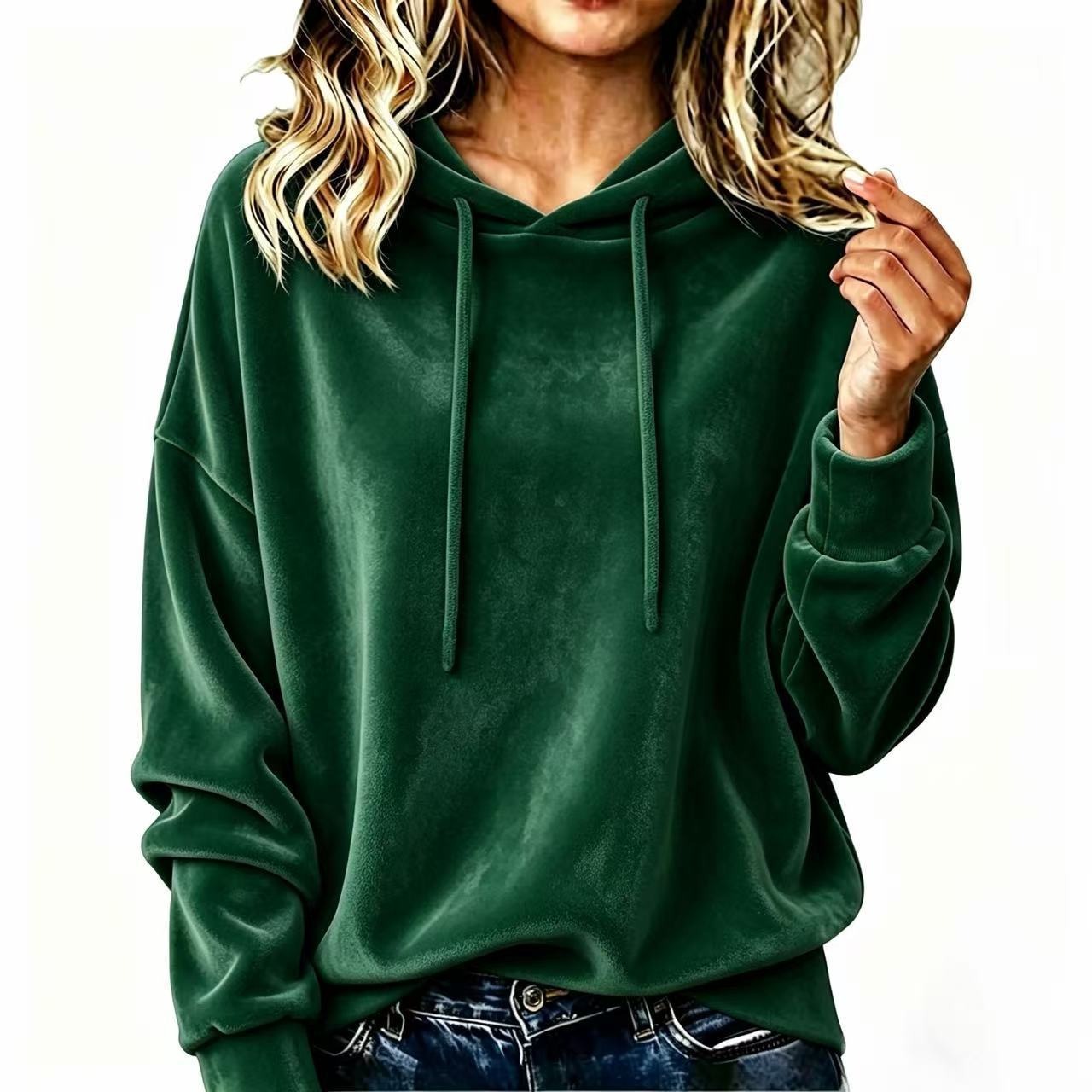 Hooded Drawstring Velvet Solid Color Long Sleeve Sweatshirt for Women