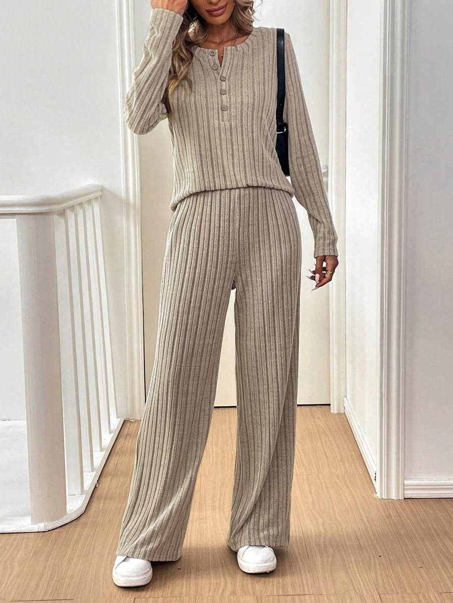Women's Casual Straight-Leg Ribbed Knit Set with Buttons