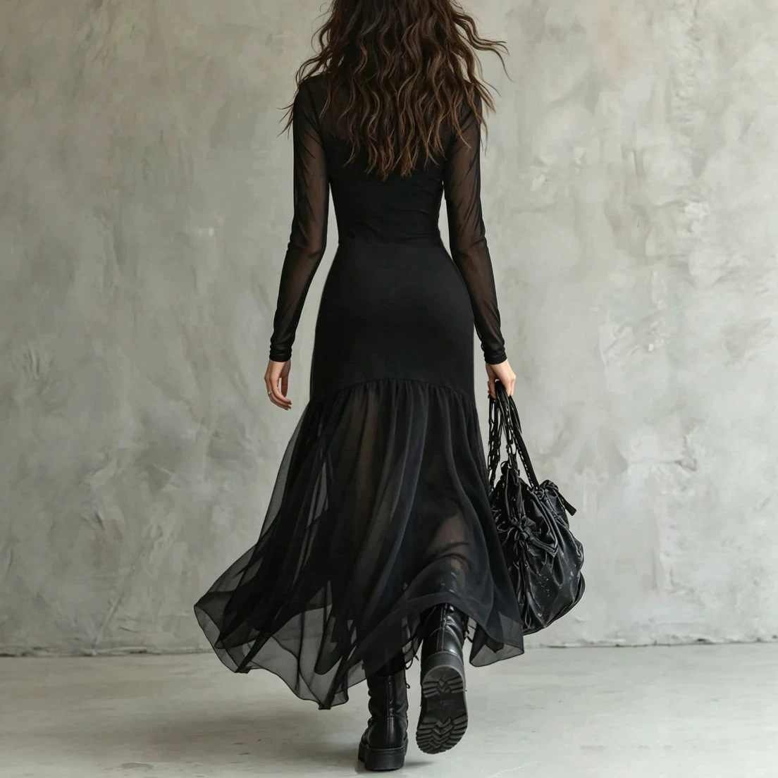 Lace Panel Knit Mesh Long Sleeve Midi Dress